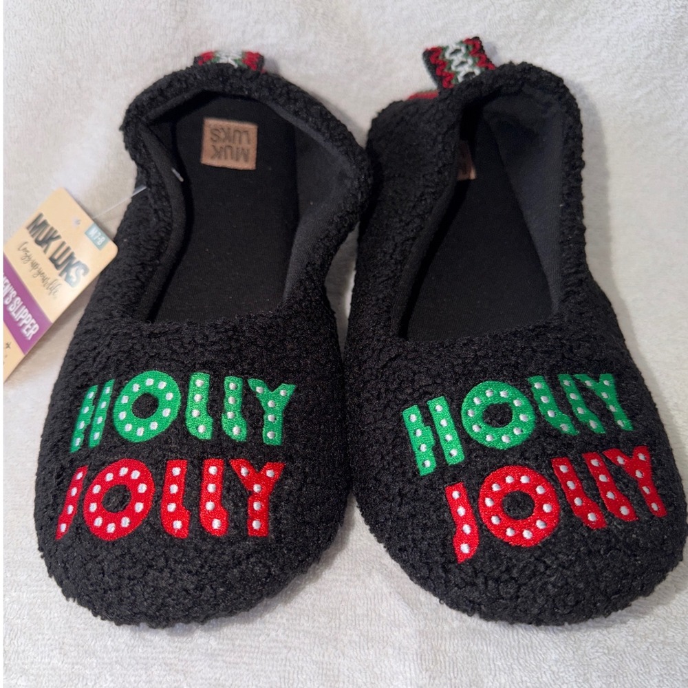 Muk Luks Womens Travel Ballerina Slipper Black Holly Jolly Christmas M 7-8 NEW